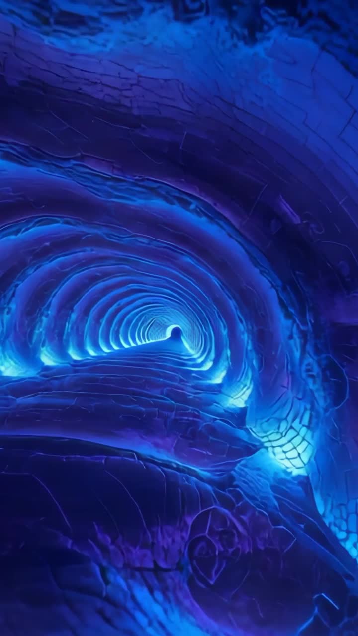 Vertical video: Opening glowing rings revealing camera gliding through narrowing indigo-cyan tunnel