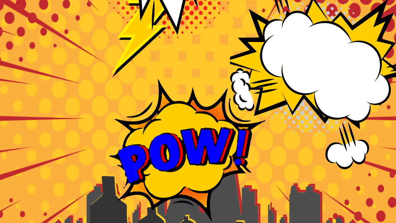 헤드폰과 레트로 스피치 거품으로 도시 풍경 위를 날아다니는 원 ⁇ 이의 애니메이션