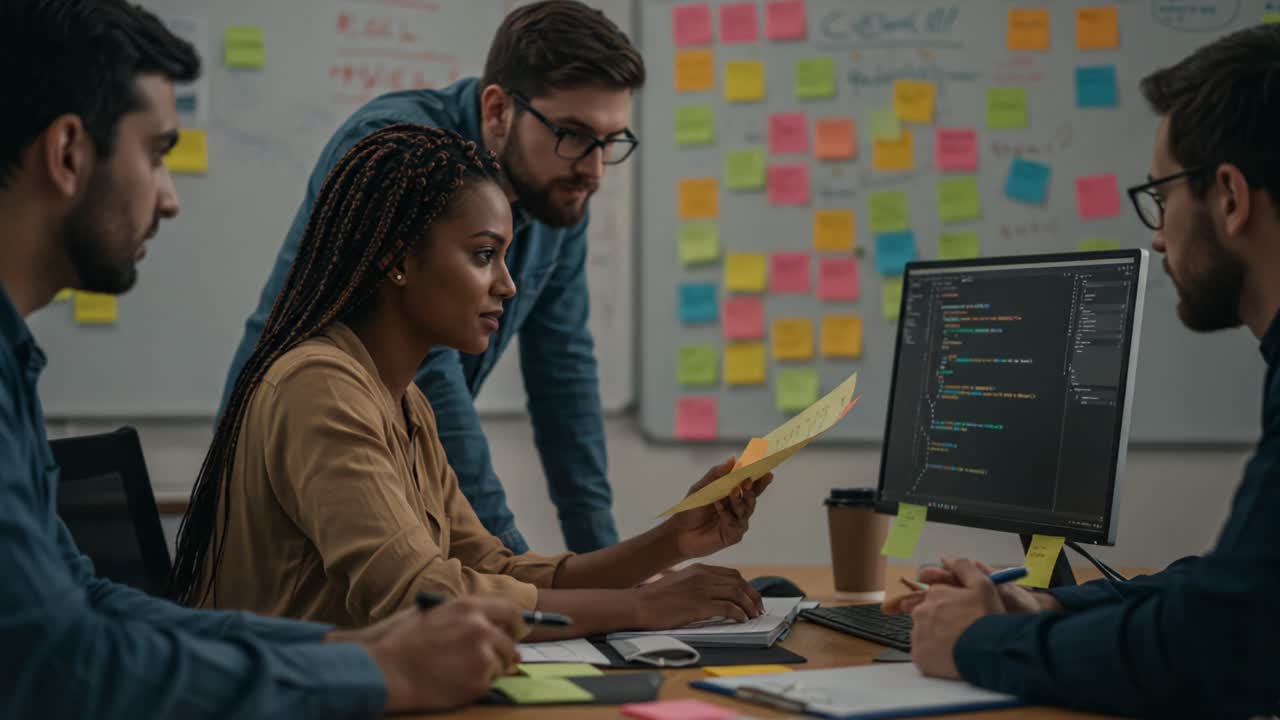 Collaborative Teamwork in a Modern Office: Engaging Strategy Session as Professionals Analyze Data and Discuss Ideas Surrounded by Colorful Notes and Technology