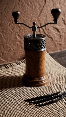 vintage spice grinder with vanilla beans