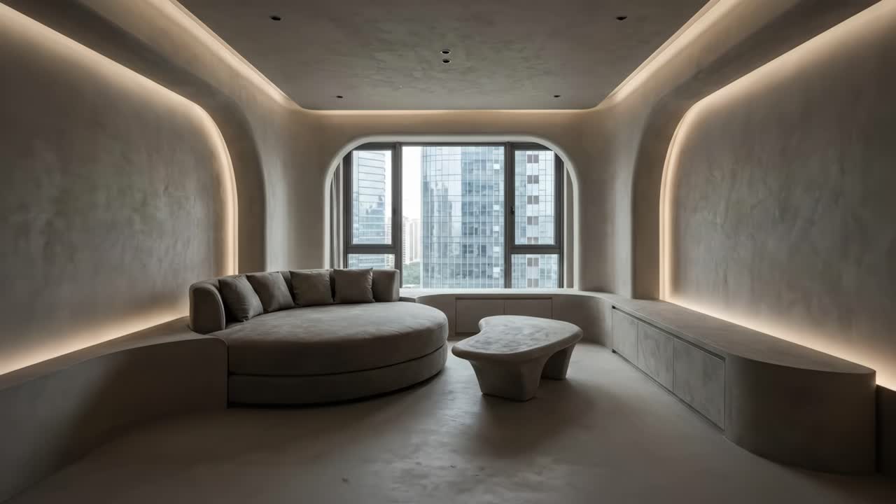 Moderne minimalistisk stue med buet sofa og udsigt over byen