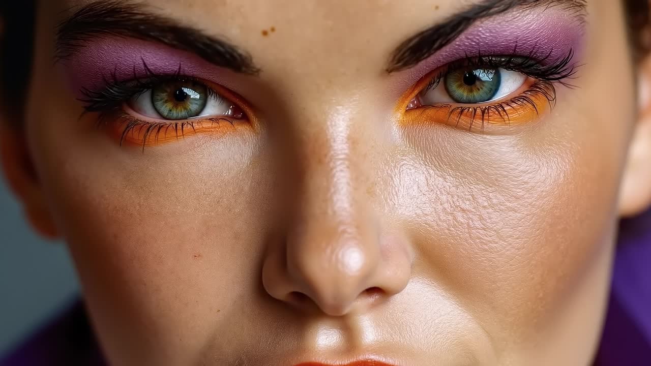 A close up of a woman's face with a purple and orange eye makeup