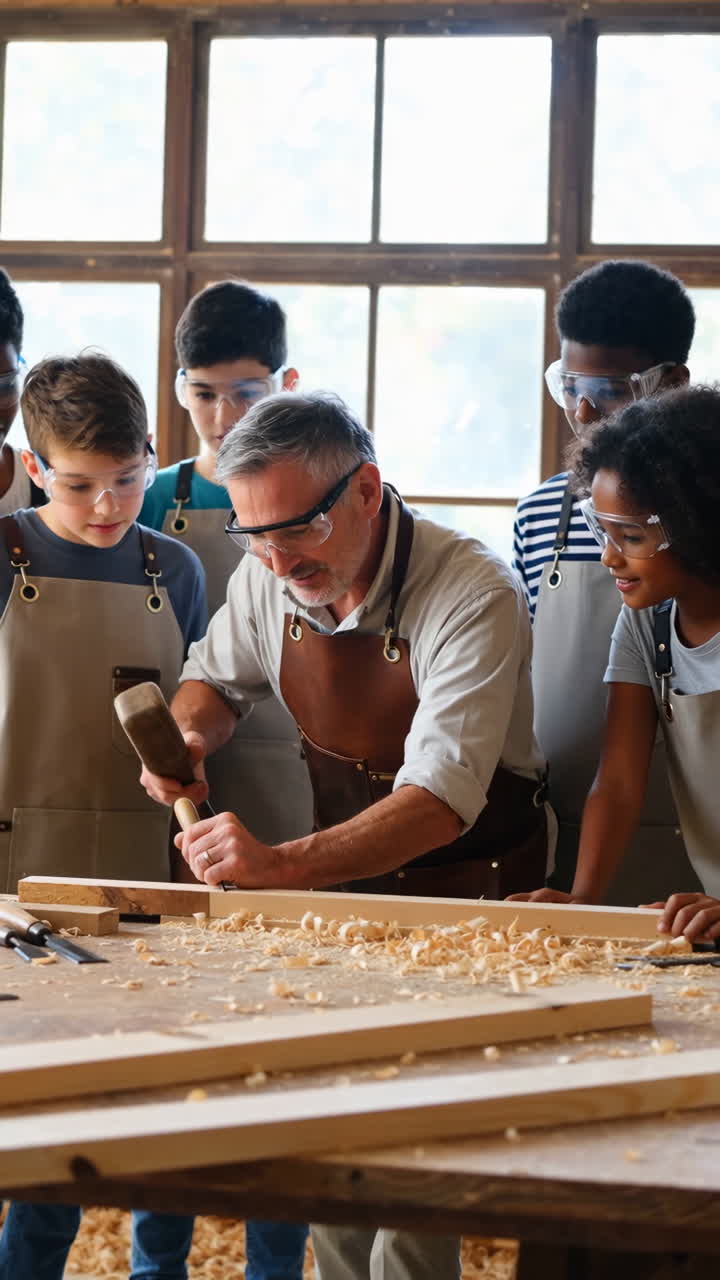 Adult instructor teaching children woodworking in a workshop