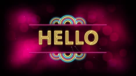 Animation-of-hello-over-pink-lights-on-black-background