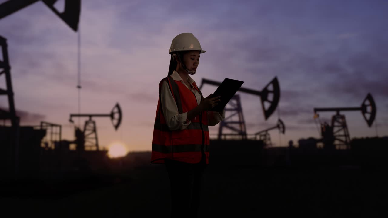 Sidebillede af asiatisk, kvindelig ingeniør med sikkerhedshjelm, der inspicerer oliepumpere ved solopgang i et stort oliefelt. Arbejder på en tablet og kigger rundt