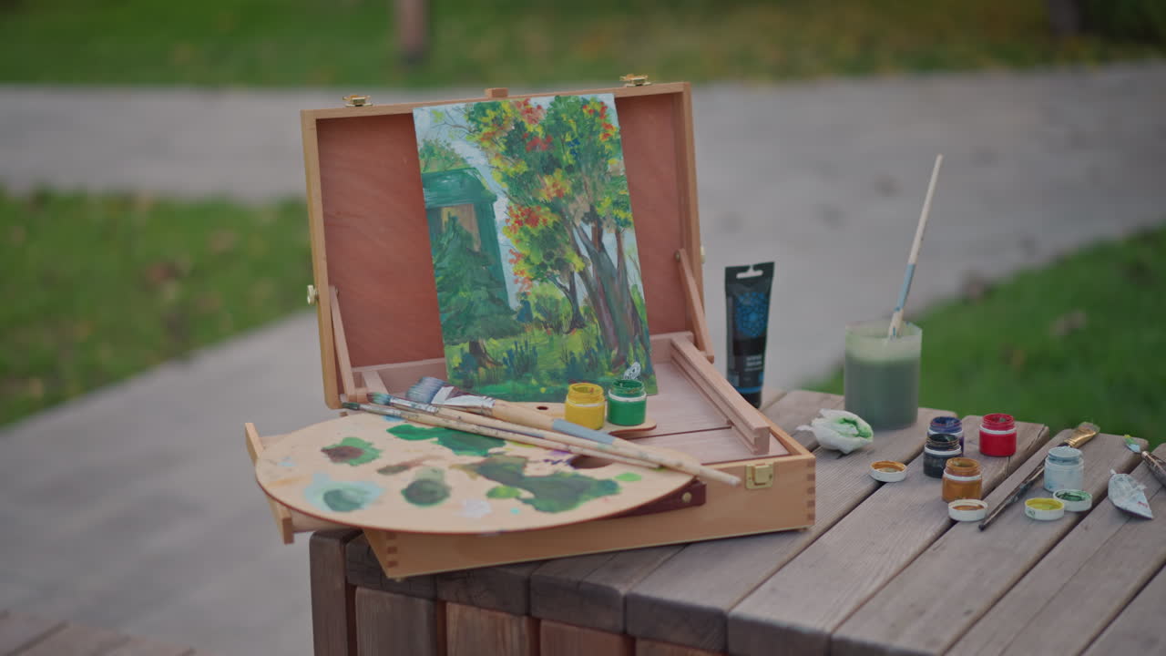 Paesaggio completato su una panca di legno che mostra vivaci pennellate verdi e una palette mista, tubetti e pennelli sparsi intorno a un cavalletto aperto, sentiero e prato sullo sfondo sfumato, vivace atmosfera di mezzogiorno