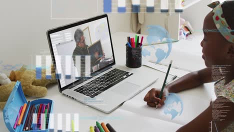 animation of digital interface over african american girl using laptop for online school lesson