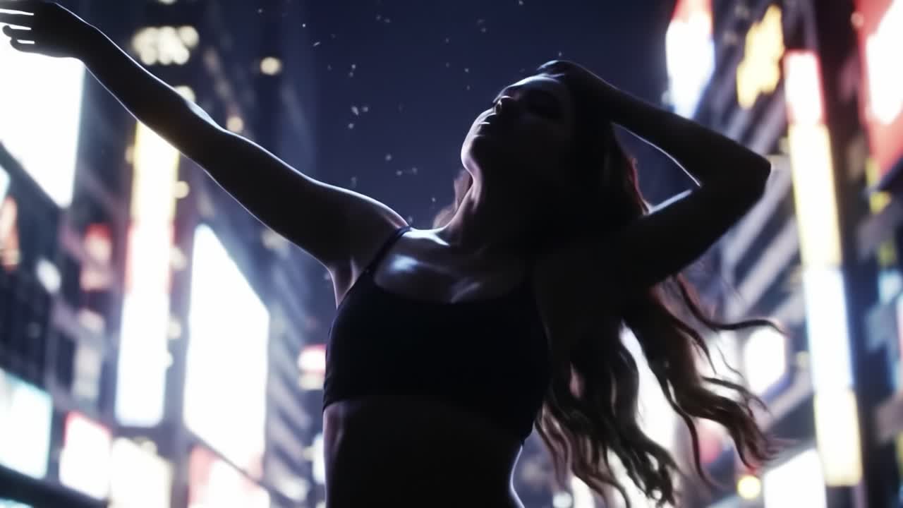 A captivating silhouette of a woman dancing gracefully in a vibrant urban setting, illuminated by colorful lights, embodying freedom and expression in a modern cityscape.