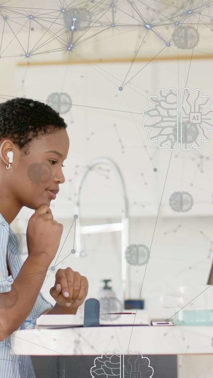 Vertical video: Woman uncurling hand and typing, working on keyboard while AI brain nodes floating