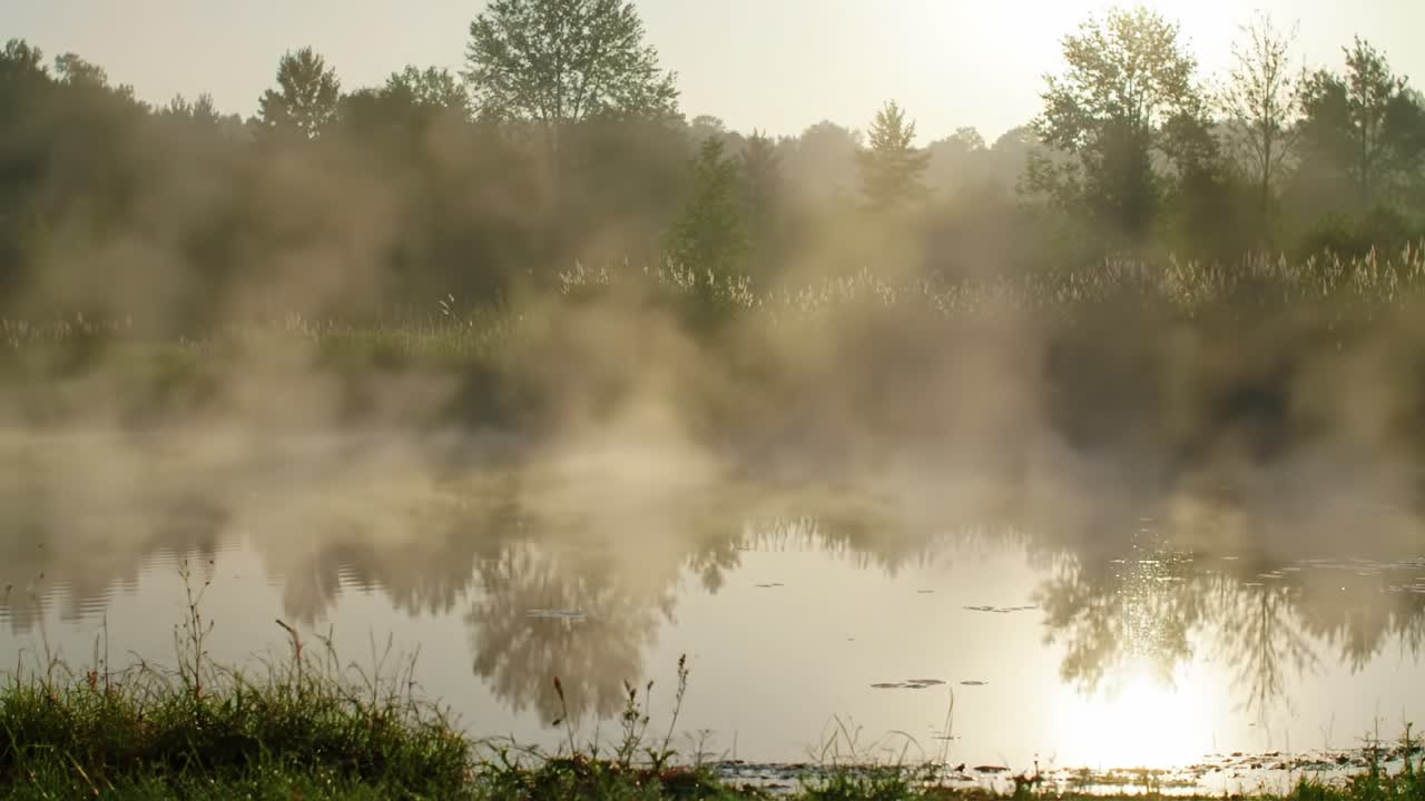 A Serene Morning Reflection: Mist Dancing Over Calm Waters, Capturing Nature's Tranquility with Lush Greenery and Soft Sunlight