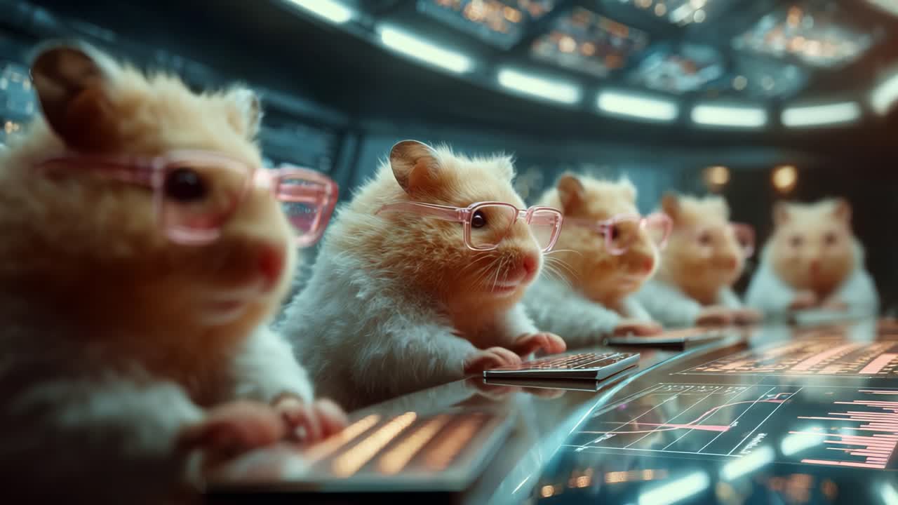 A Group of Innovative Hamsters Wearing Glasses Collaborating at a High-Tech Control Center, Engaging with Data and Technology in an Adorable Sci-Fi Setting for a Fun Project