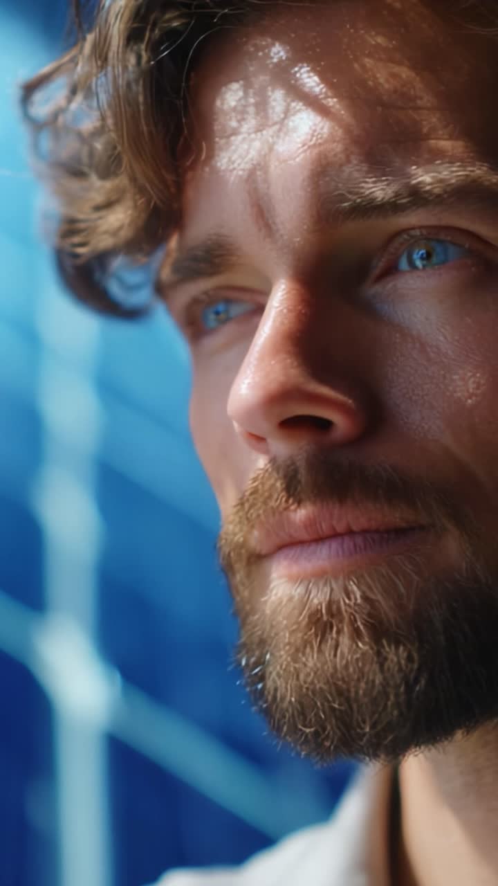 A Thoughtful Man in Contemplation with Striking Blue Eyes and Soft Light Reflection, Showcasing Expressions of Introspection and Emotional Depth in a Beautifully Lit Environment