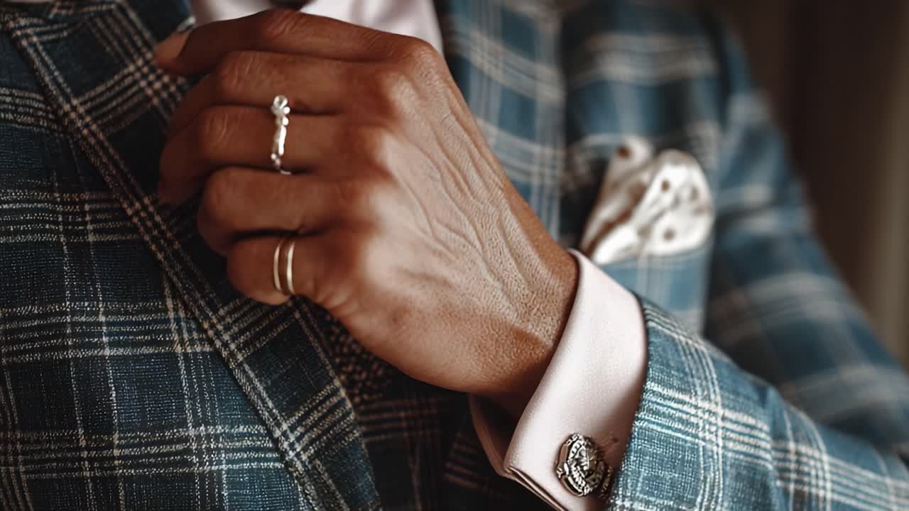 A Close-Up View of a Stylishly Dressed Man in a Checkered Suit, Showcasing Elegant Accessories like Rings and a Pocket Square, Capturing Sophistication and Attention to Detail