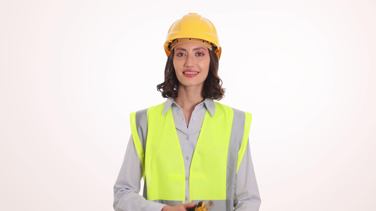 Woman construction worker holding electrical tools