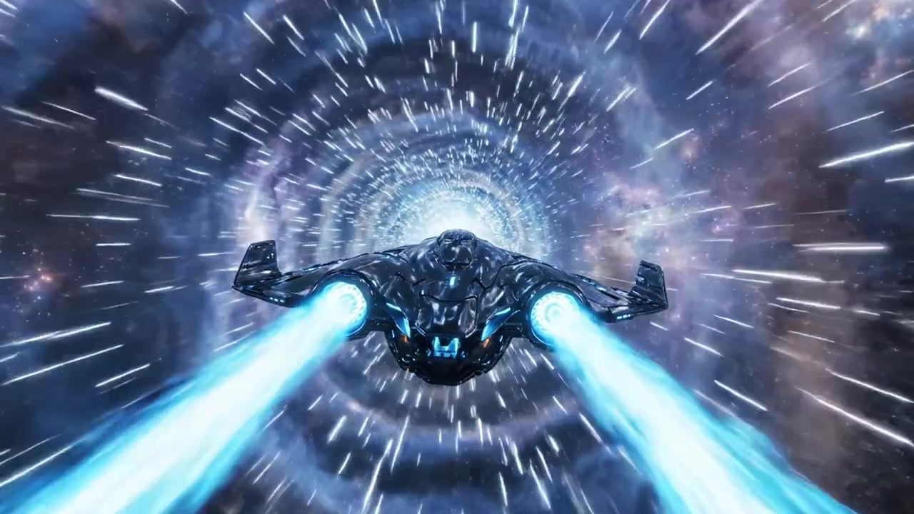A futuristic spaceship navigates through a swirling cosmic tunnel, propelled by powerful blue thrusters while traversing the vibrant threads of time and space in an exhilarating journey.
