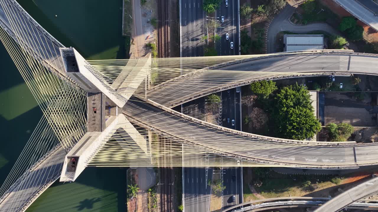 Cable Bridge At Sao Paulo In Brazil. Downtown Cityscape. Cable Bridge. Highrise Buildings Landscape. Cable Bridge At Sao Paulo In Brazil. Metropolitan Background. Sao Paulo Brazil