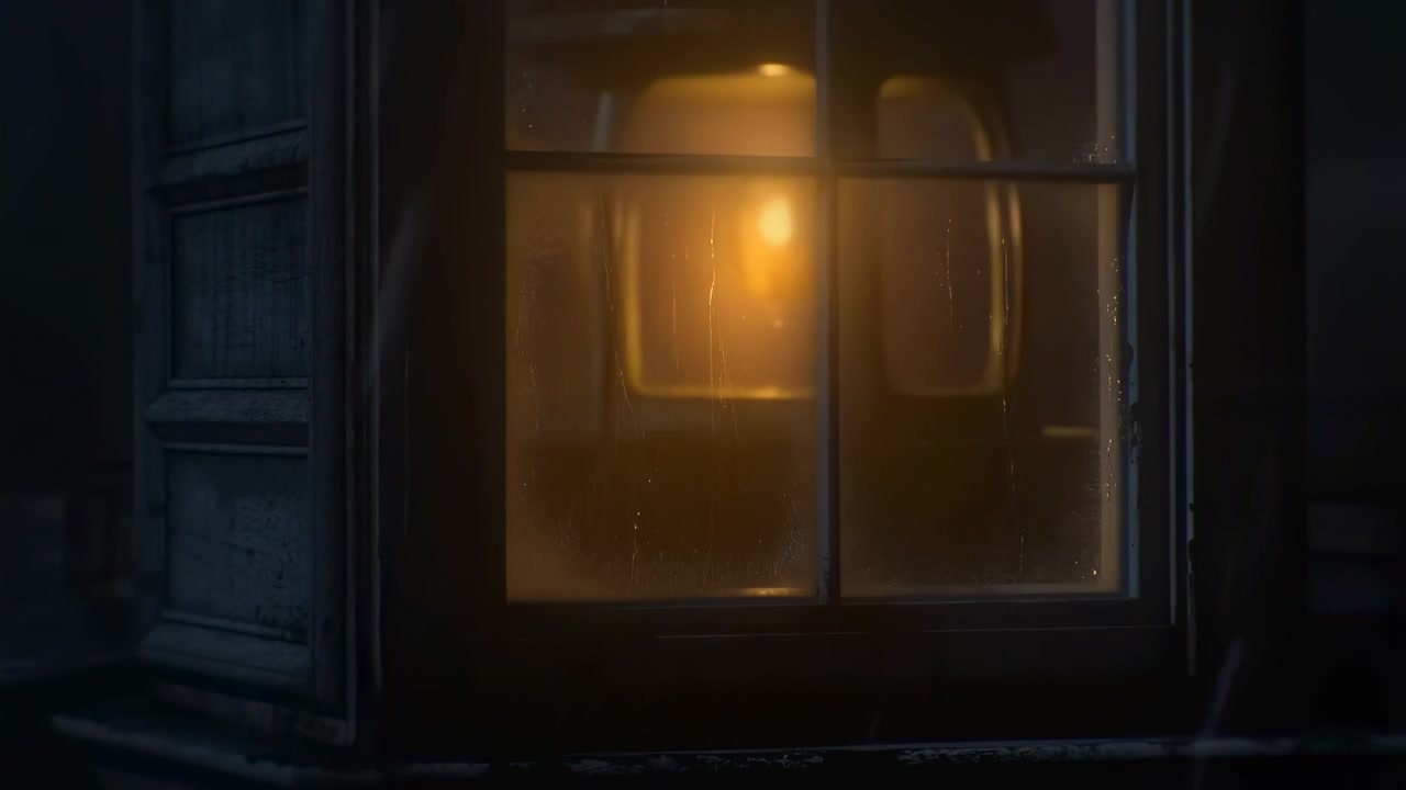 Close-up exterior view of aged wooden window with four dark glass panes divided by muntins, vertical moisture streaks, condensation, peeling frame, and warm amber lamp glow behind glass beside