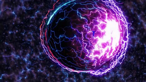 electric arcs pulsating spherical cosmic energy, dynamically shifting luminescent colors against dark background, representing scientific metaphysical energy concepts