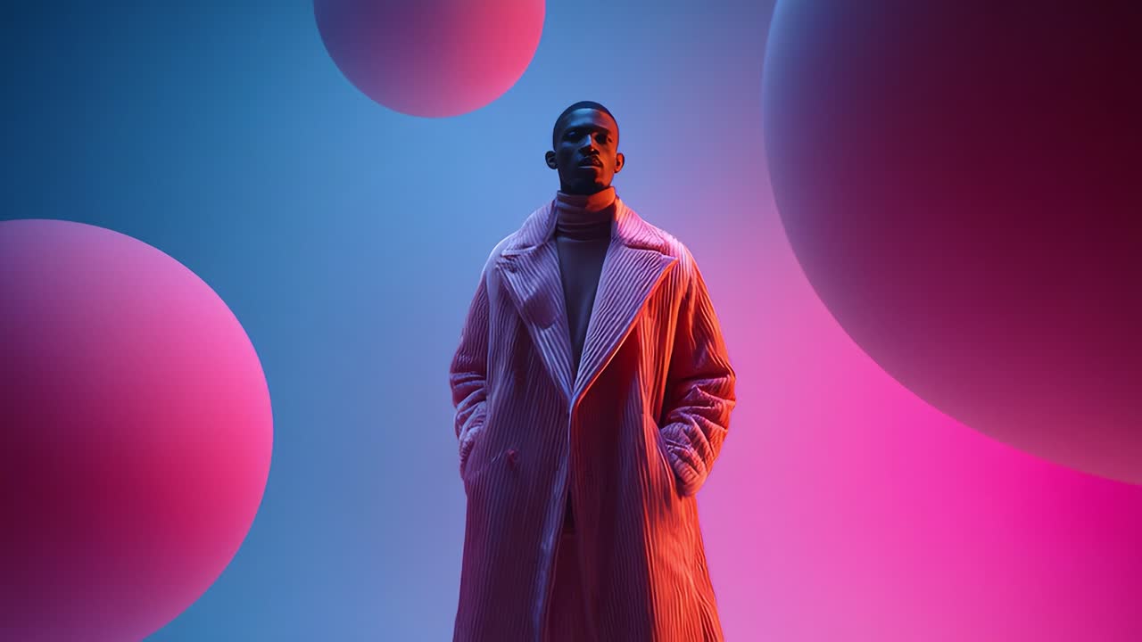 Striking Visual Contrast in Portrait Photography Featuring a Man in a Stylish Overcoat Surrounded by Colorful Spherical Elements in an Artistic Background of Blue and Pink Hues