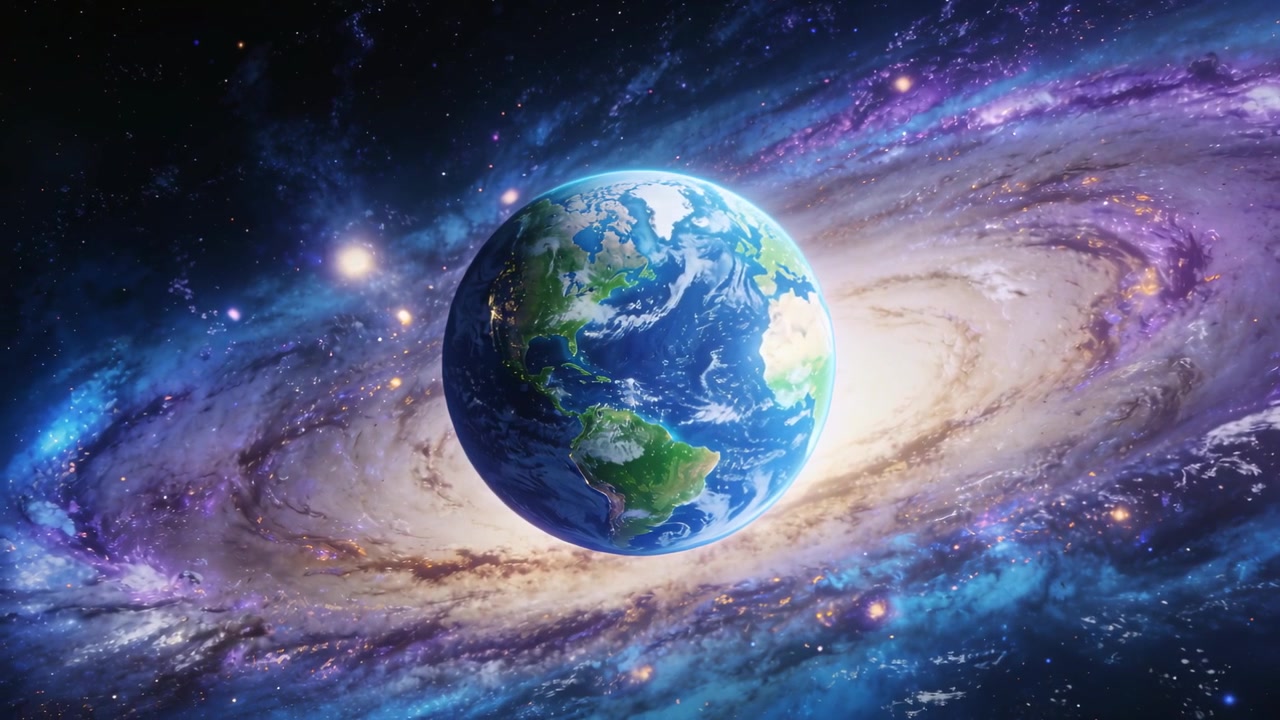 Clip starting, stylized Earth rotating clockwise in deep space, showing spiral galaxy and clouds
