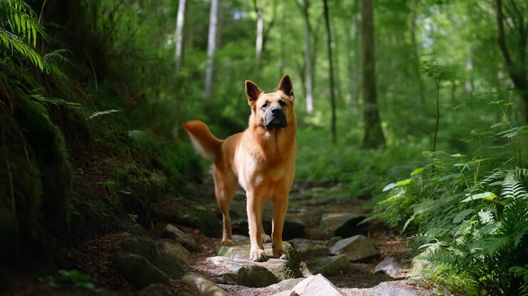 Cane marrone in piedi su un sentiero roccioso in una rigogliosa foresta verde