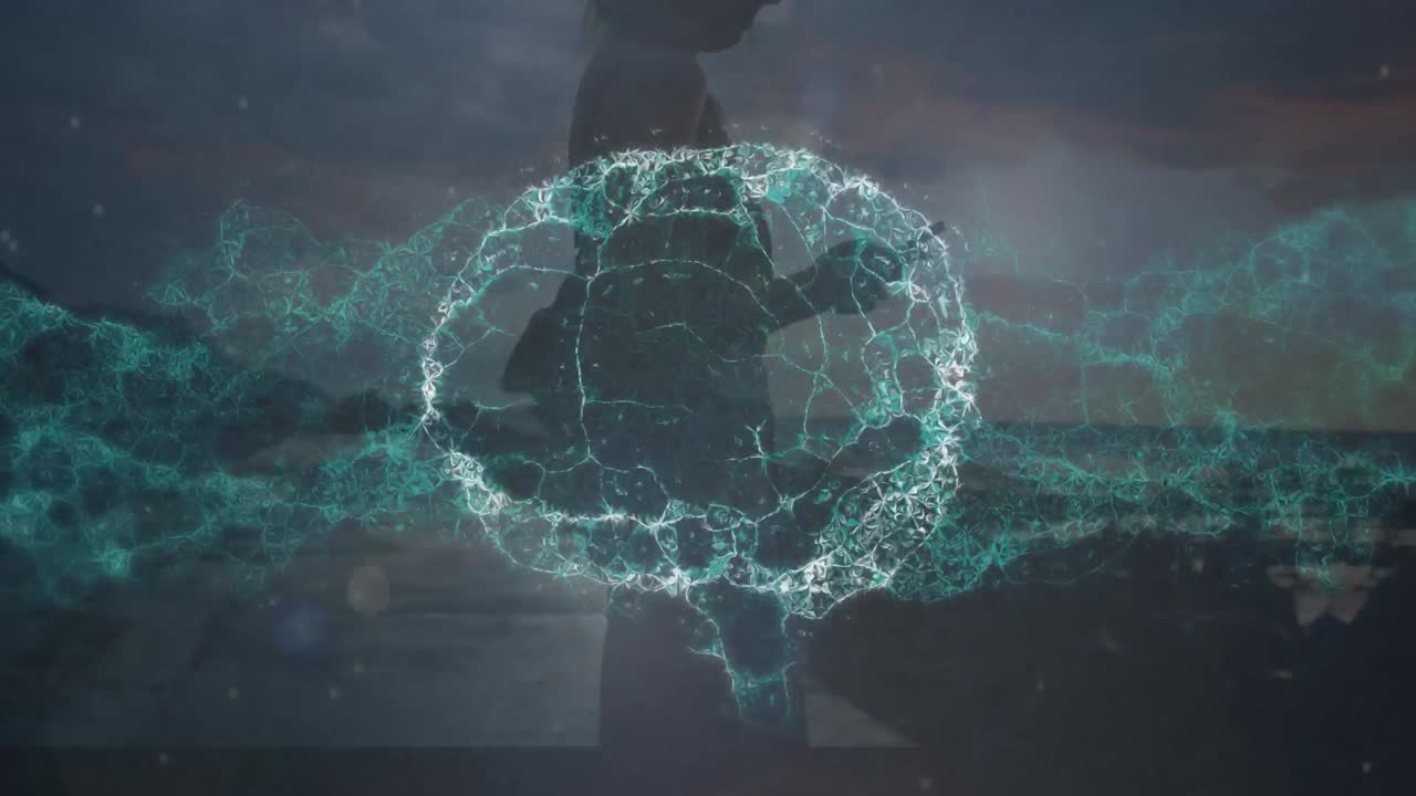 animación del cerebro humano sobre una mujer usando un teléfono inteligente