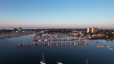 aerial forward marina of williamstown in the morning sunrise, scenic panorama