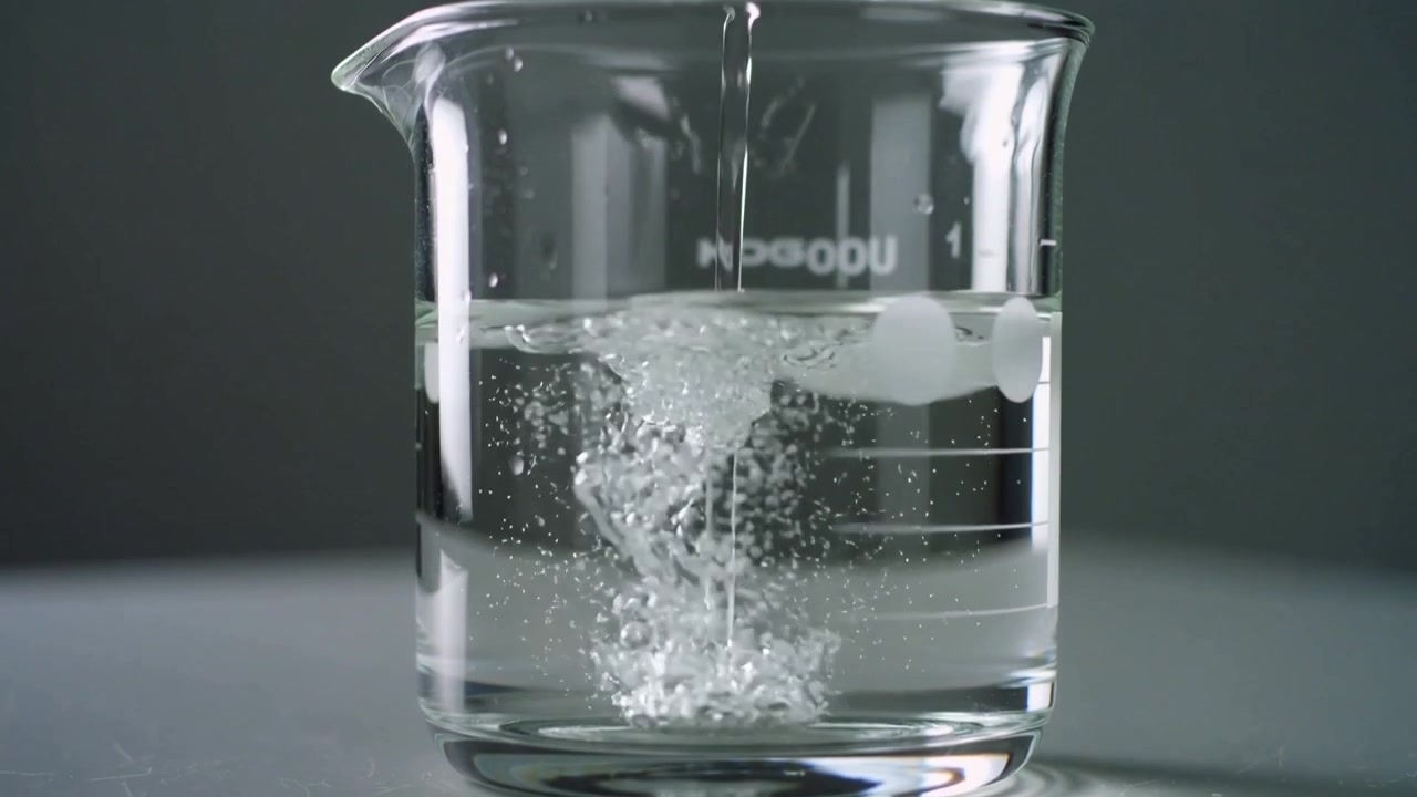 Versando un sottile flusso in un becher di vetro su un tavolo per la misurazione, creando un vortice che mostra le tacche.