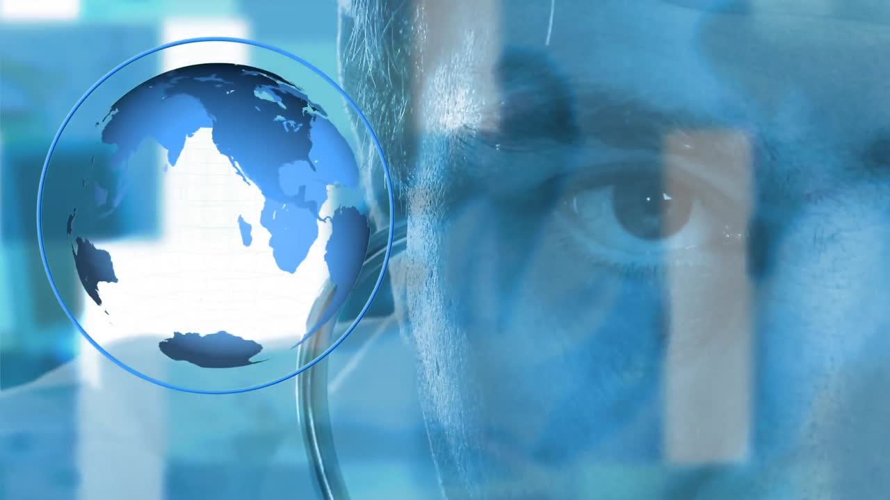 ojo masculino con estetoscopio y globo giratorio