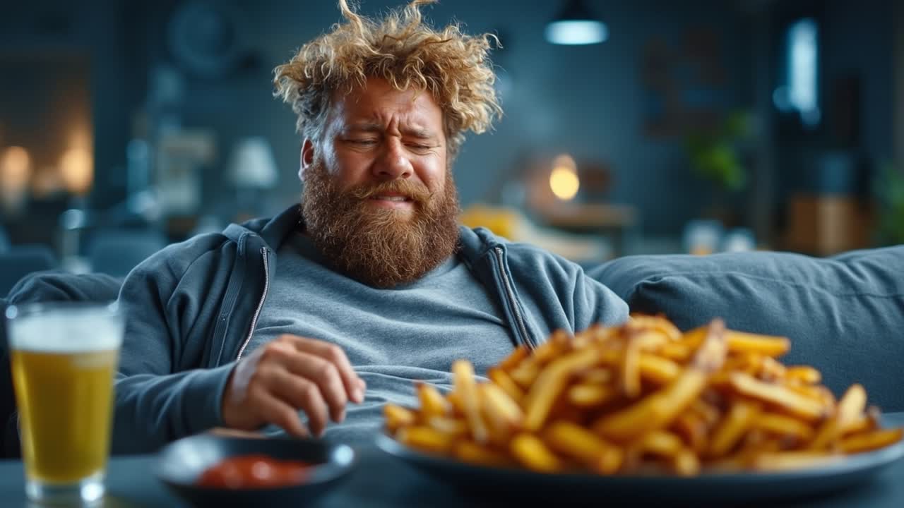 Uomo stanco e sovrappeso seduto su un divano con un'espressione infelice, con fast food poco salutare e birra.