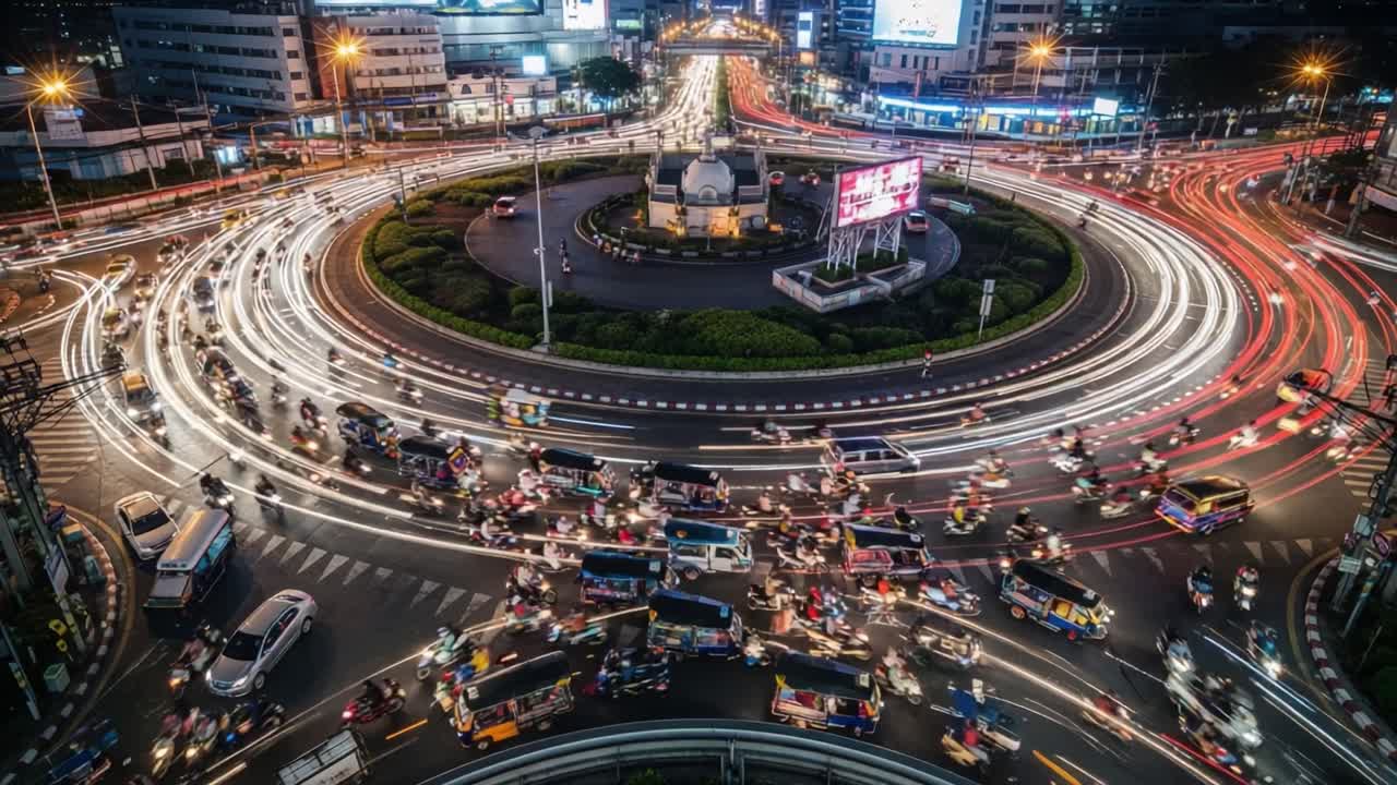Long Exposure of a City Roundabout at Night with Light Trails