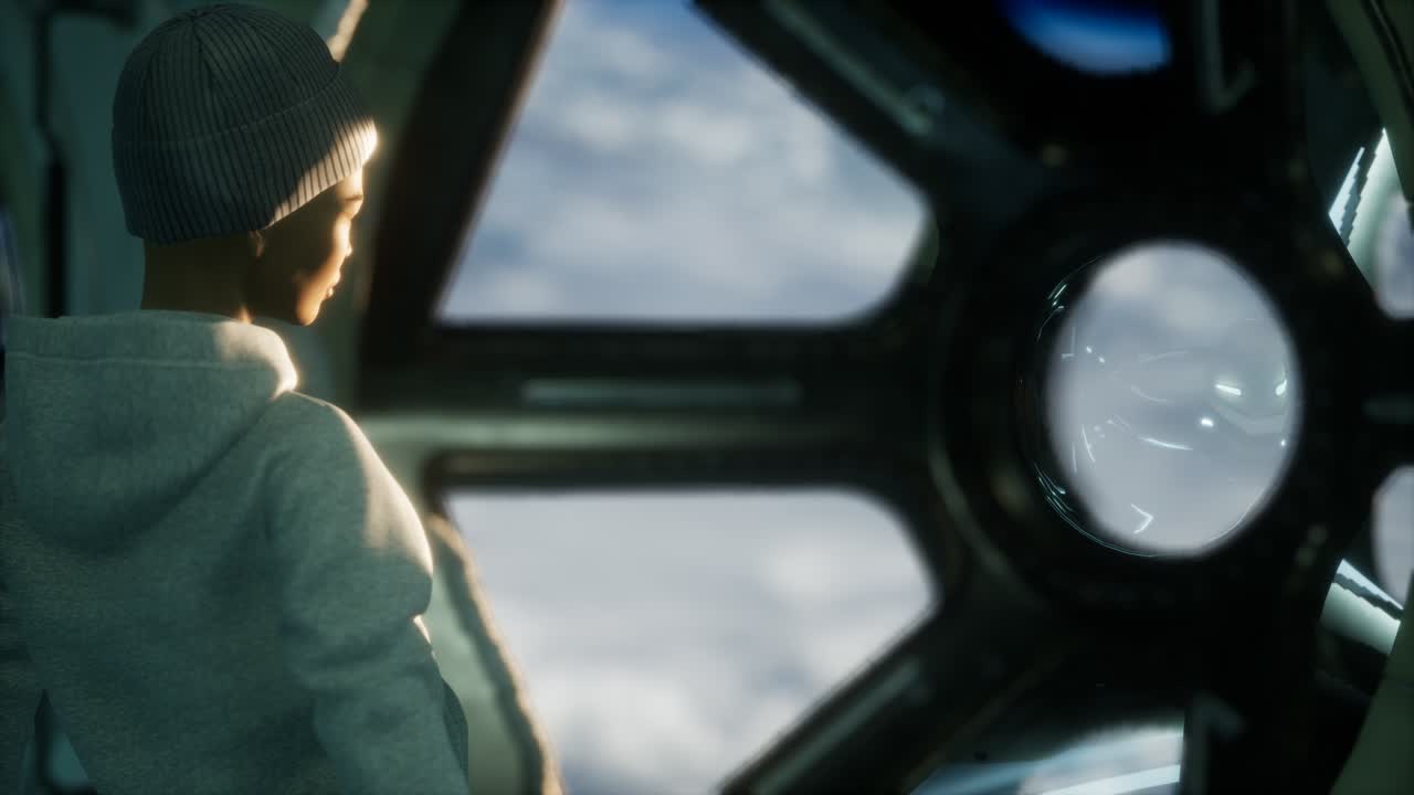 미래의 우주선에 있는 여성 우주비행사