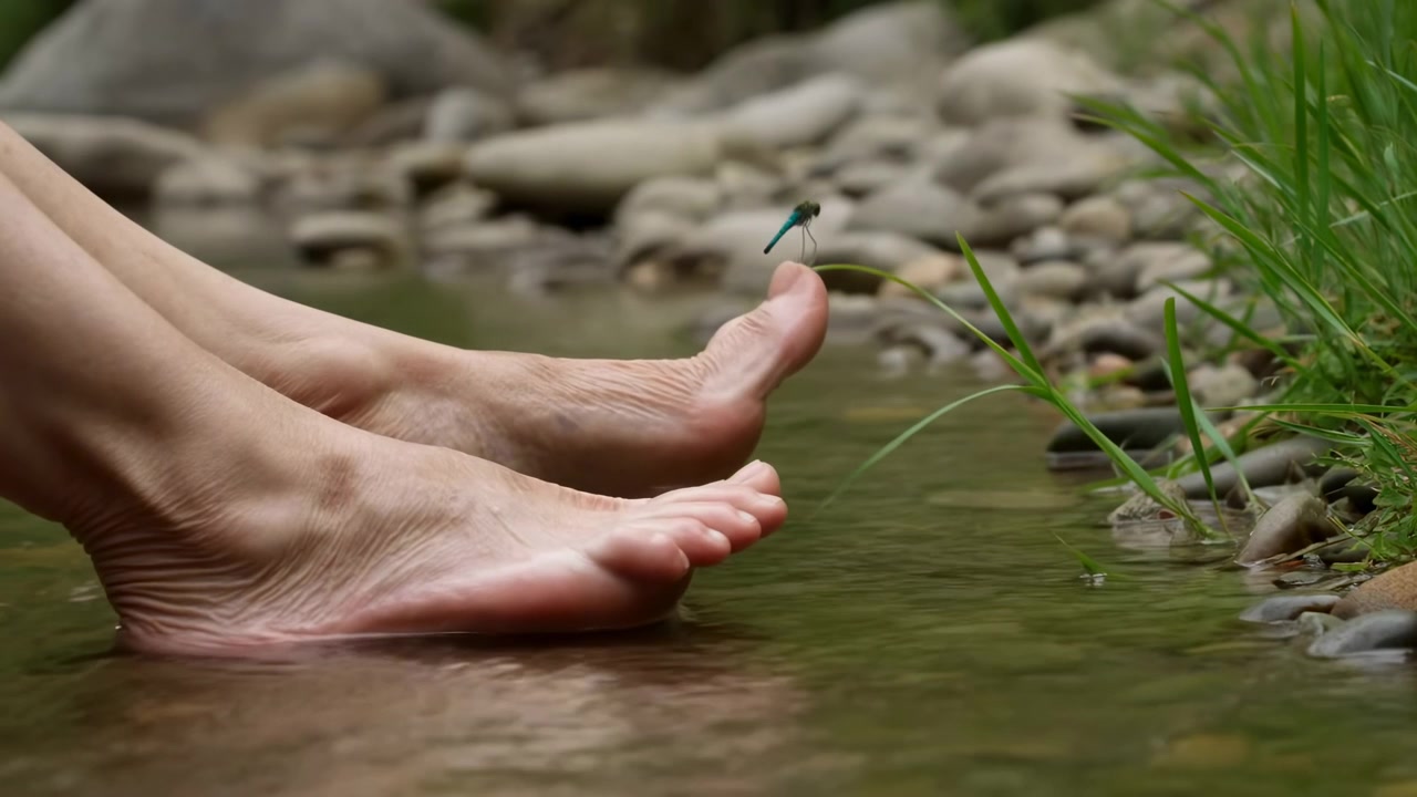 Low-angle close-up shows bare adult feet in shallow rocky stream, one foot lightly lifted with toes extended while other remains partly submerged, creating gentle ripples in calm outdoor nature
