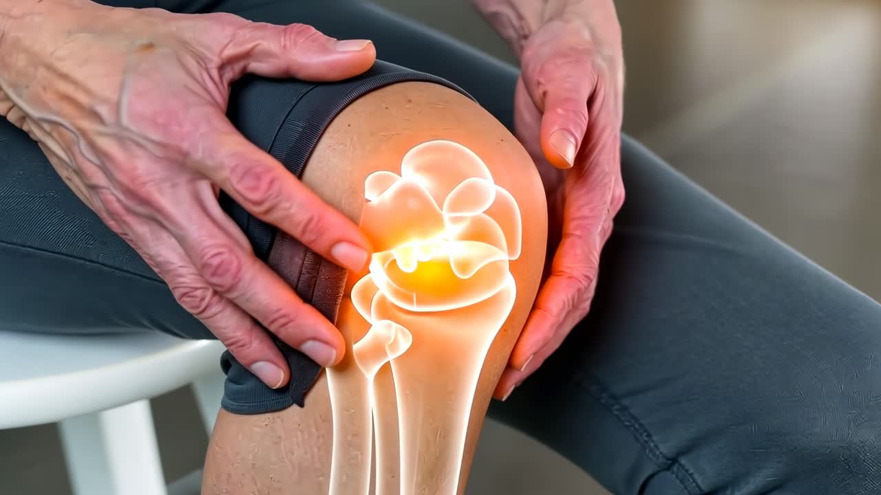 Close-up video angle of a person holding a knee with a glowing anatomical overlay