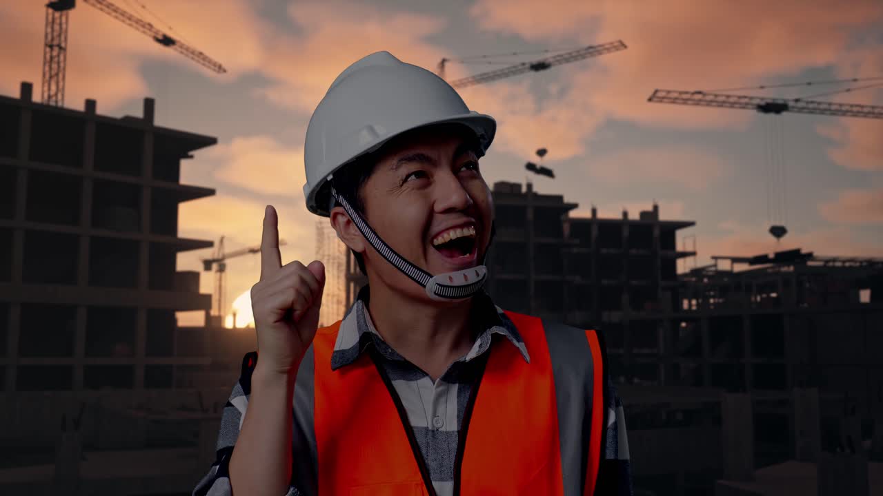 Close Up Of Asian Male Engineer With Safety Helmet Thinking And Looking Around Then Raising His Index Finger While Standing At Building & Construction Site in Progress to New House