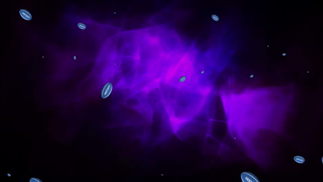 animation of rugby balls with scotland text over purple shapes on black background