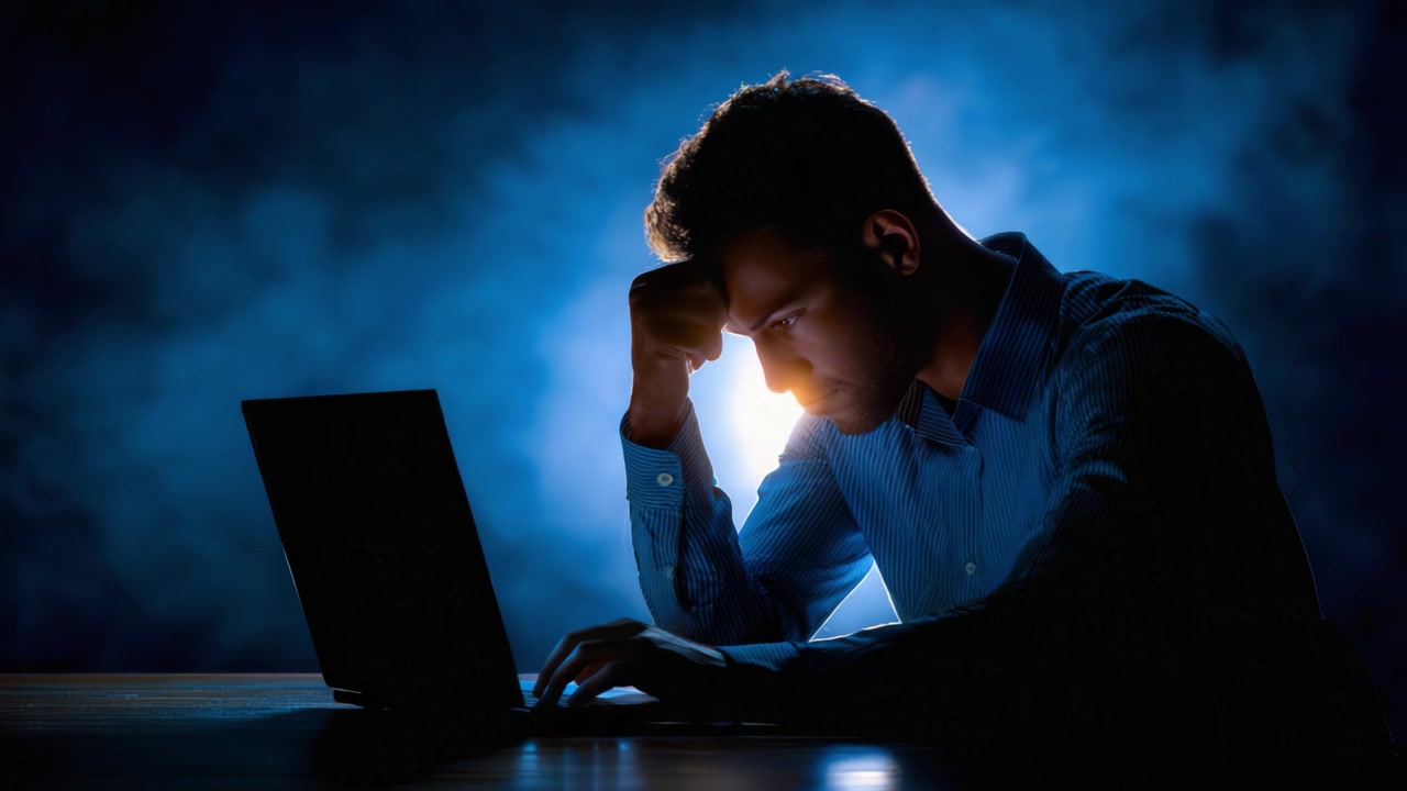 A solitary figure contemplates deeply while staring at a laptop, surrounded by a dimly lit misty background, embodying various emotions and thoughts.
