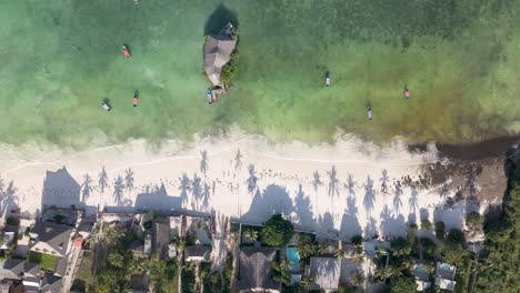 aerial view looking down over rock restaurant zanzibar with palm tree shadows on white sandy african resort shoreline