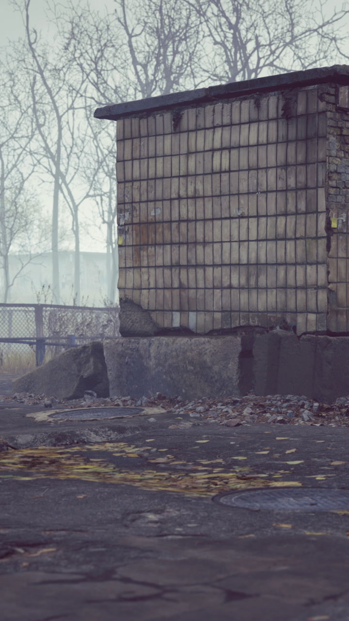 Old building in a foggy area with fallen leaves on the ground