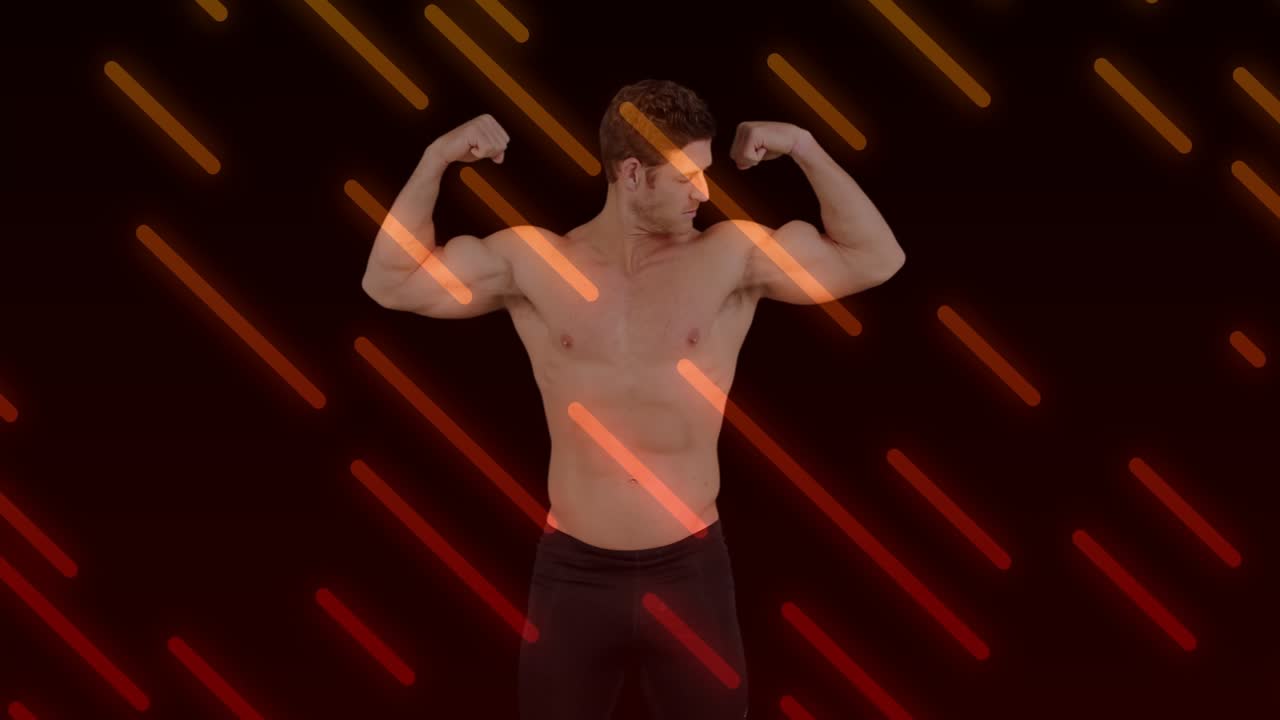Fitness model raising arms flexing then clasping while animated orange streaks accenting muscles