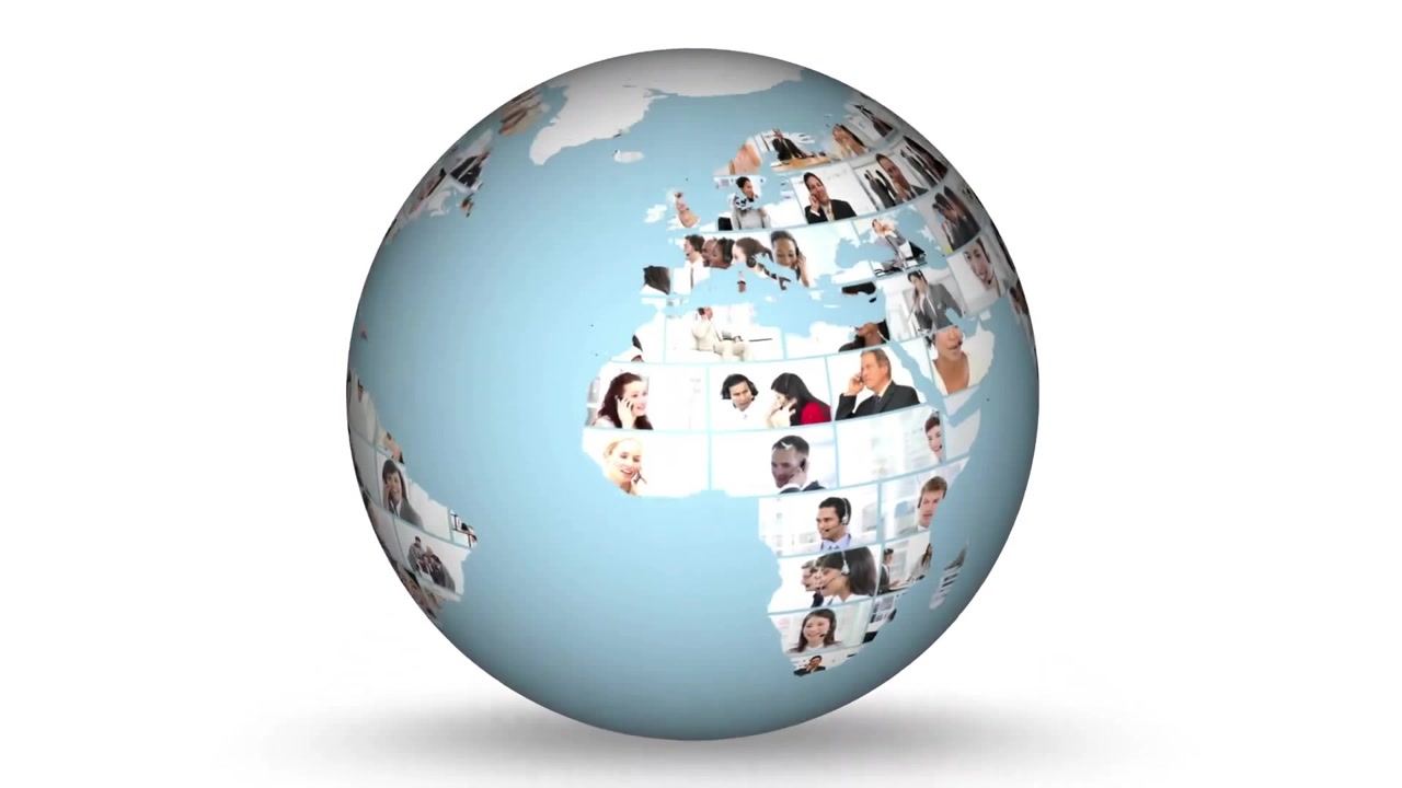 Rotating globe with diverse people photos, showing global communication animation