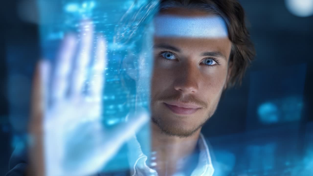 A man interacts with futuristic holographic displays, showcasing advancements in technology, data visualization, and human-computer interaction in a modern setting