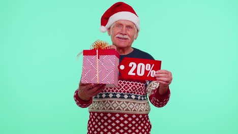 Grandfather-in-Christmas-sweater-showing-gift-box-and-20-Percent-discount-inscriptions-banner-text