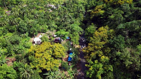 Small-village-hidden-among-tropical-rainforest-jungle-and-palm-trees-by-river