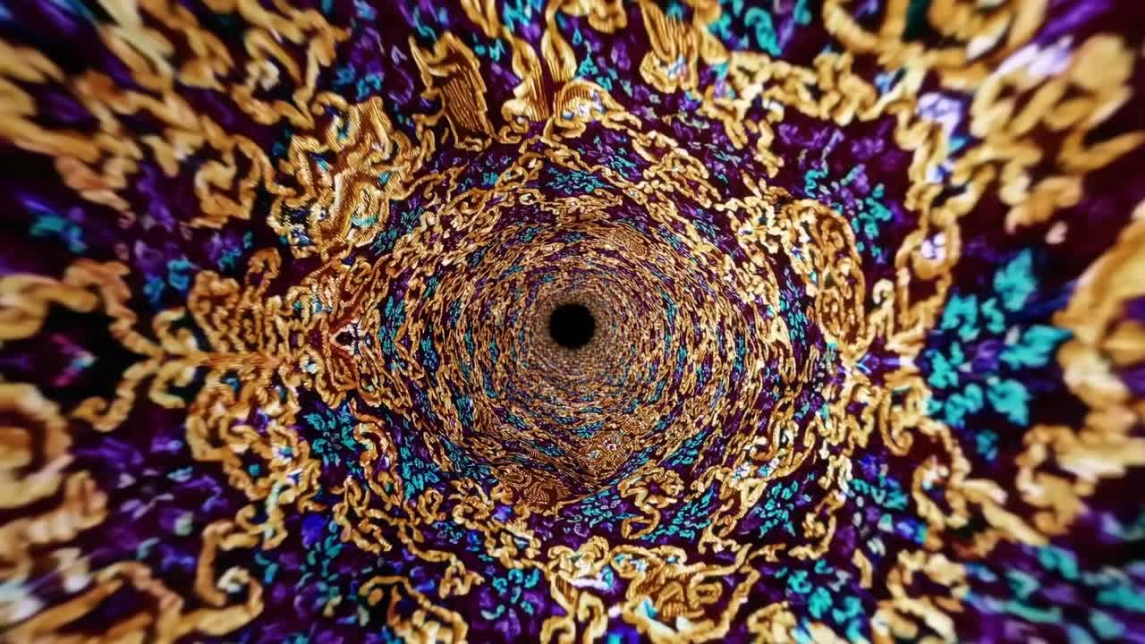 Spiraling view of intricate textile patterns, showcasing vibrant colors and detailed designs, creating a mesmerizing tunnel effect that draws the viewer deeper into the scene