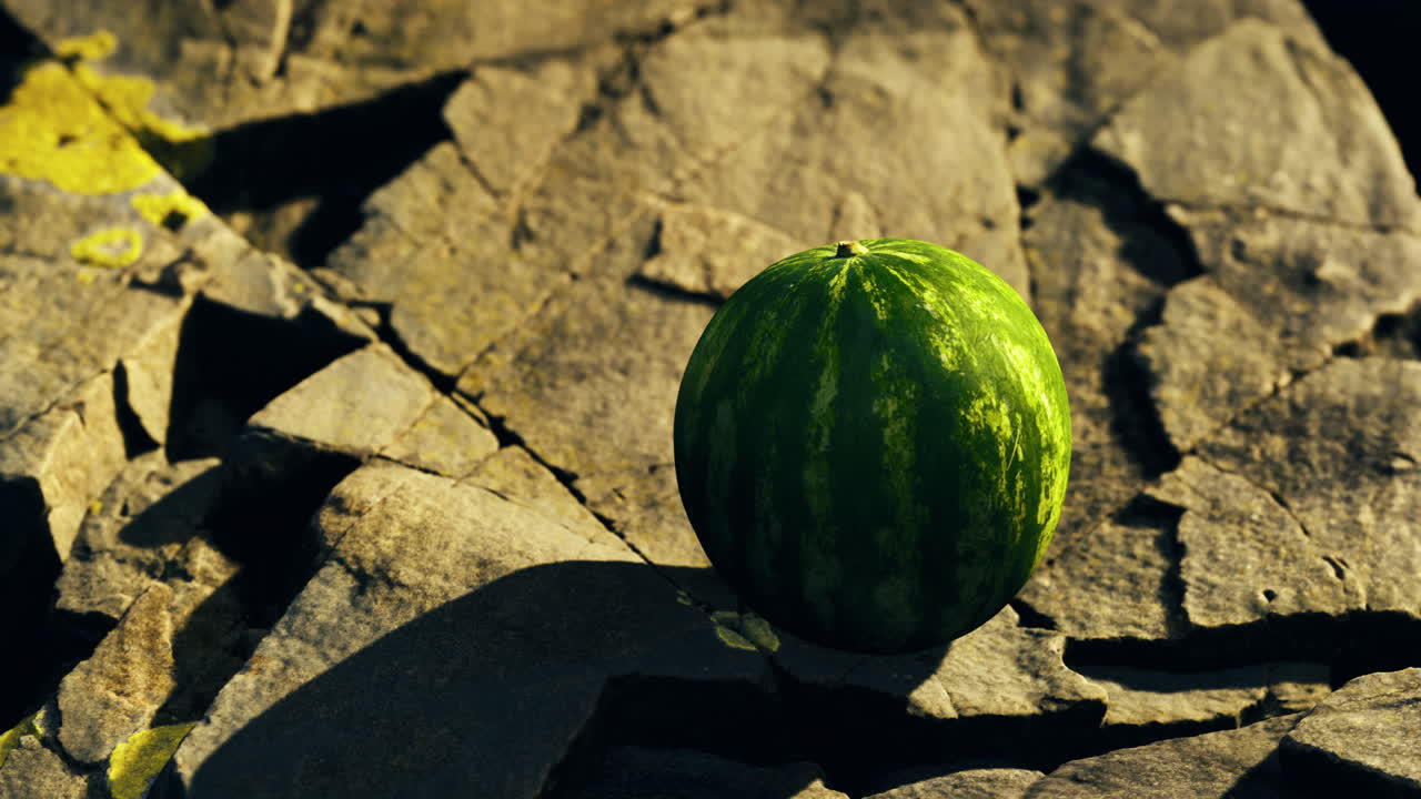 Green watermelon resting on sunlit stone surface amidst autumn leaves