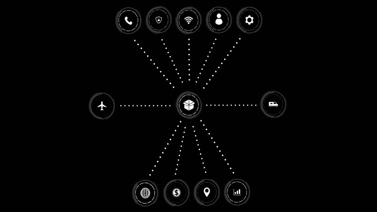 검은색 배경에 연결 네트워크와 함께 아이콘의 애니메이션