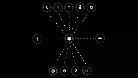 animation of icons with network of connections on black background