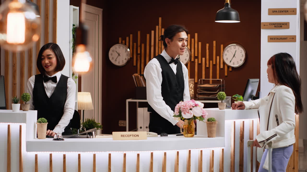 un huésped asiático llega al hotel y pregunta por la reserva de la habitación.