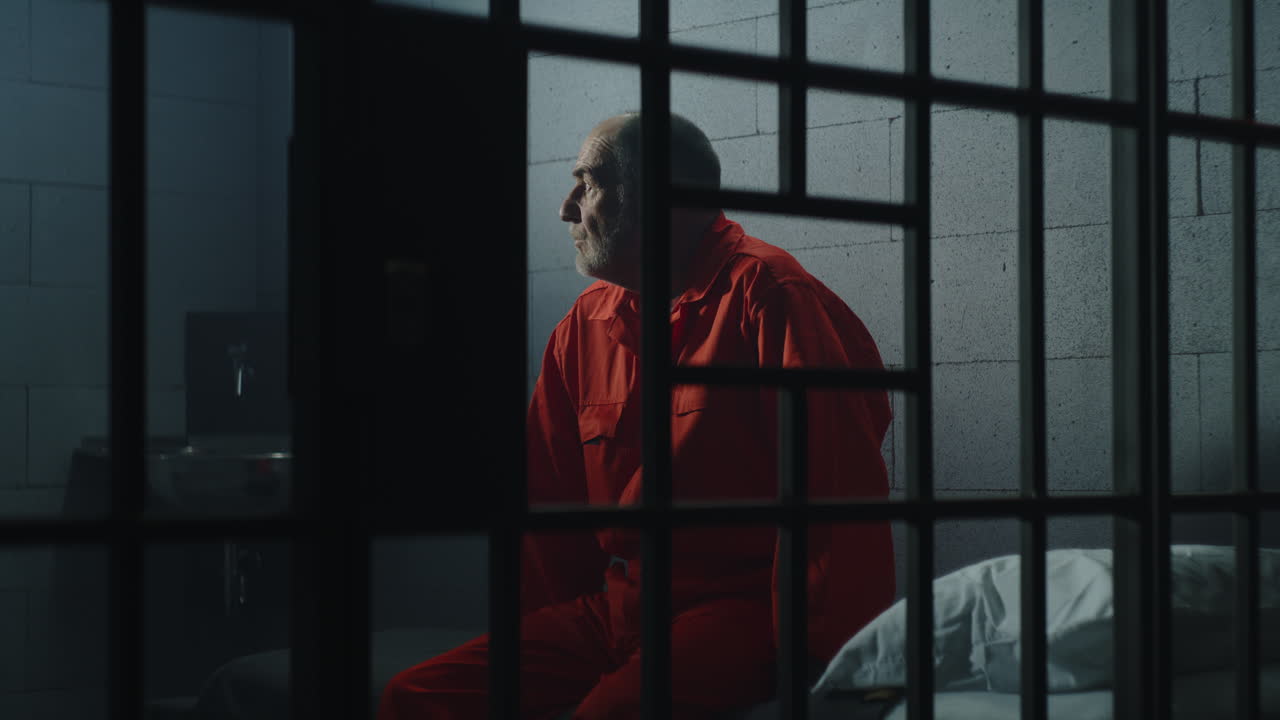 Elderly Man in Orange Jumpsuit in Prison Cell